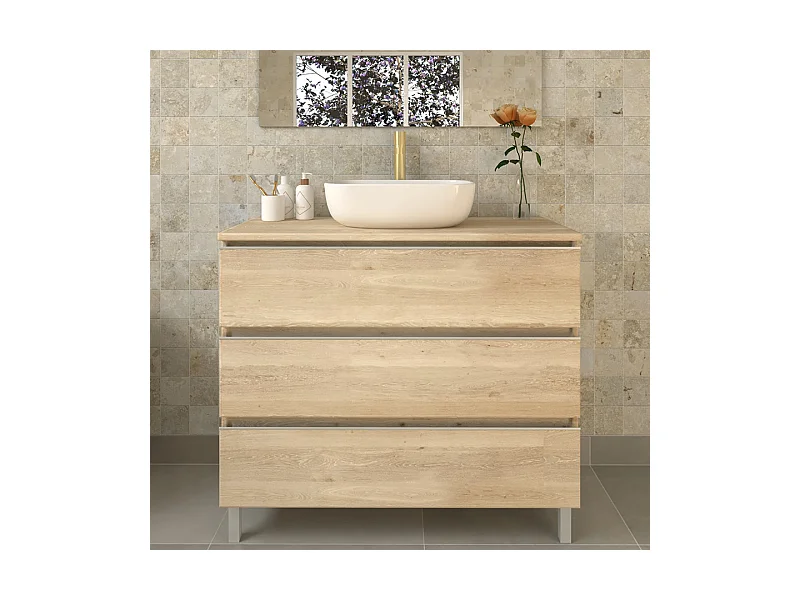 Meuble de salle de bain sans miroir avec vasque à poser arrondie PALMA - Bambou (chêne clair) - 80cm