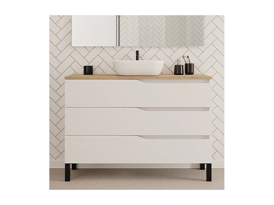 Meuble de salle de bain 120cm avec plateau miel et vasque à poser zeus - 3 tiroirs - sans miroir - blanc - MATA