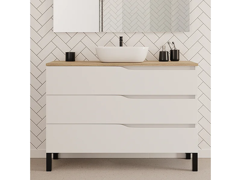 Meuble de salle de bain 120cm avec plateau miel et vasque à poser zeus - 3 tiroirs - sans miroir - blanc - MATA