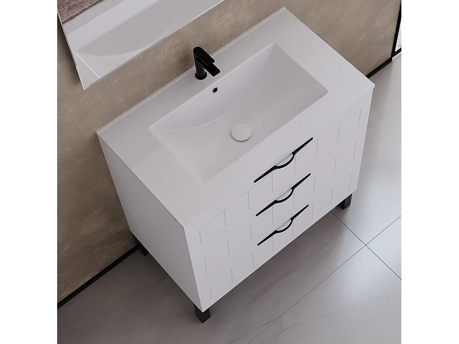 Meuble de salle de bain 80cm simple vasque - 3 tiroirs - sans miroir - blanc - CALA