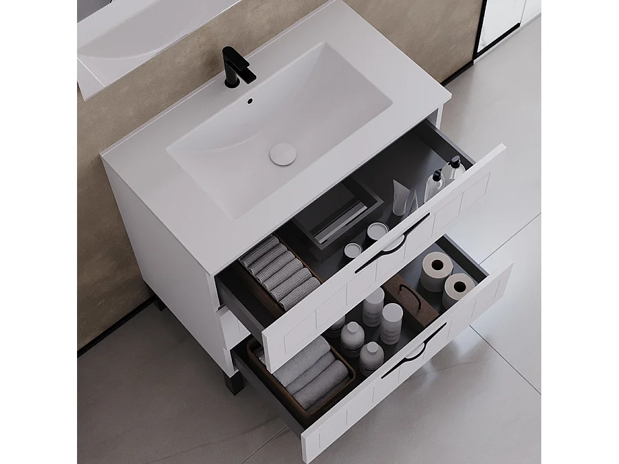 Meuble de salle de bain 80cm simple vasque - 3 tiroirs - sans miroir - blanc - CALA