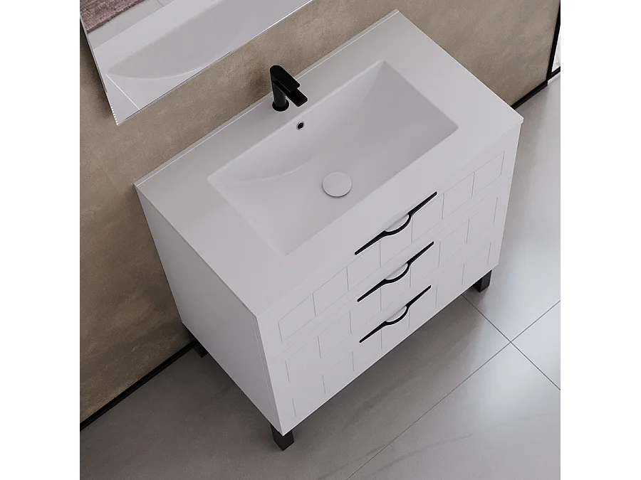 Meuble de salle de bain 80cm simple vasque - 3 tiroirs - sans miroir - blanc - CALA