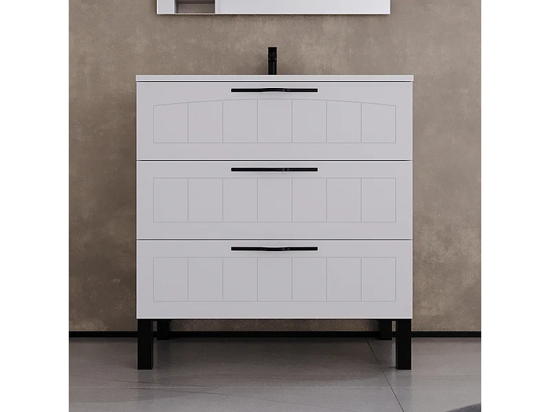 Meuble de salle de bain 80cm simple vasque - 3 tiroirs - sans miroir - blanc - CALA