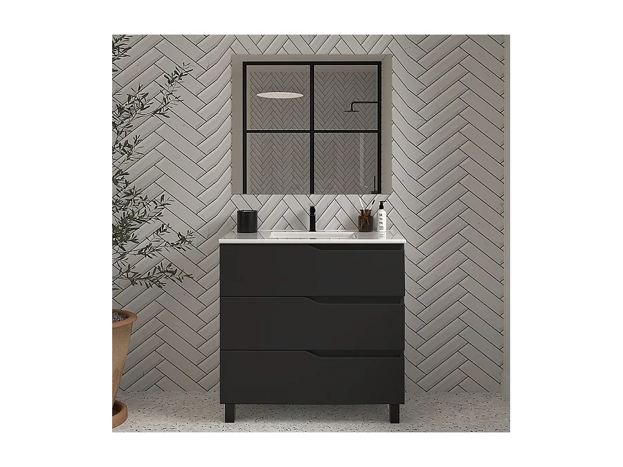 Meuble de salle de bain 70cm simple vasque - 3 tiroirs - noir - MATA