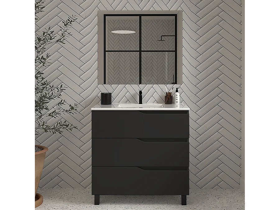 Meuble de salle de bain 70cm simple vasque - 3 tiroirs - noir - MATA