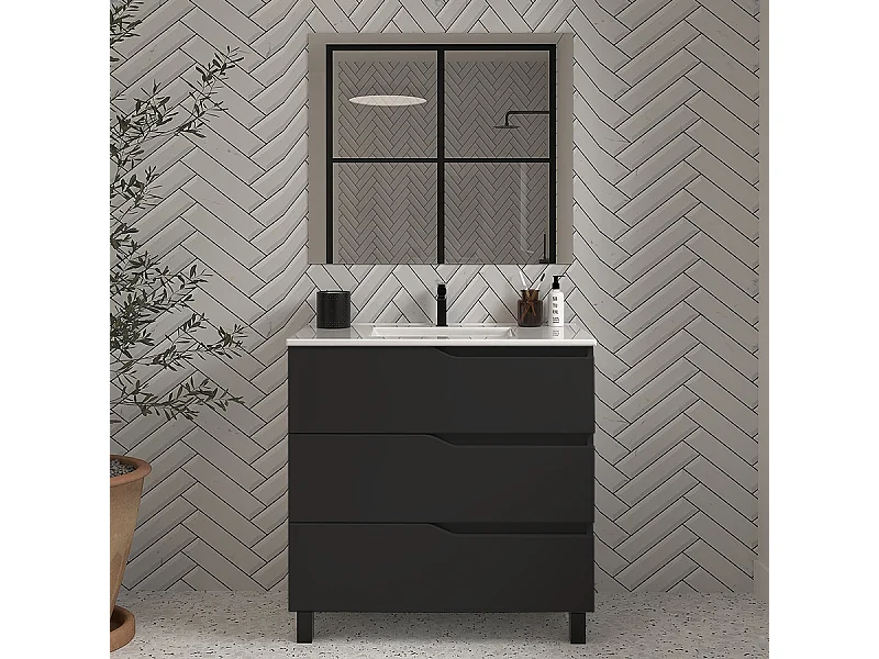 Meuble de salle de bain 70cm simple vasque - 3 tiroirs - noir - MATA