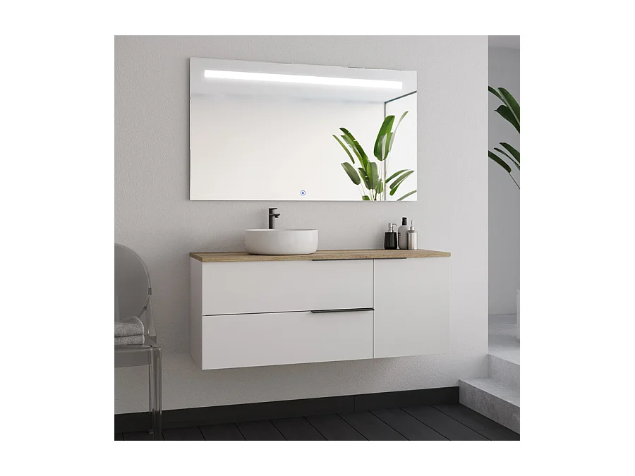 Meuble de salle de bain 120cm avec vasque à poser ronde - blanc - KING et miroir Led STAM