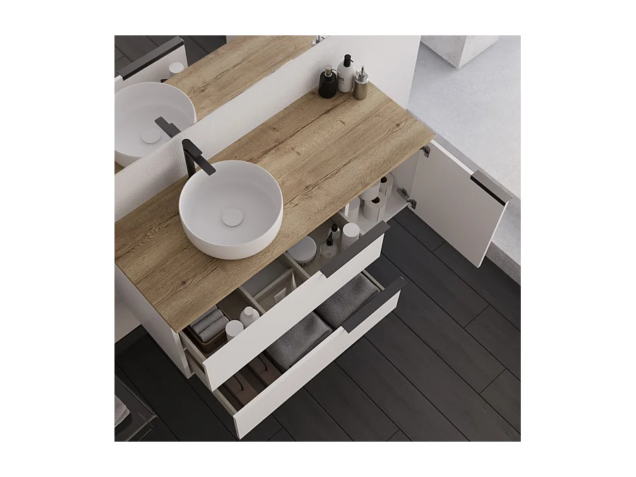 Meuble de salle de bain 120cm avec vasque à poser ronde - blanc - KING et miroir Led STAM