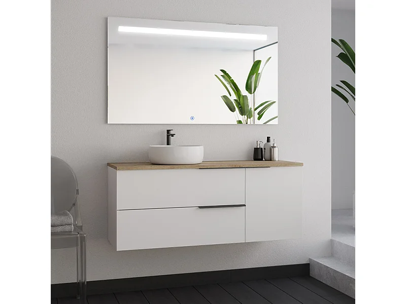 Meuble de salle de bain 120cm avec vasque à poser ronde - blanc - KING et miroir Led STAM