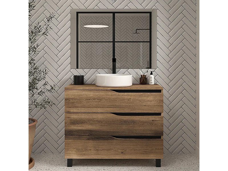 Meuble de salle de bain 80 avec plateau et vasque à poser - 3 tiroirs - tabaco (bois foncé) - MATA