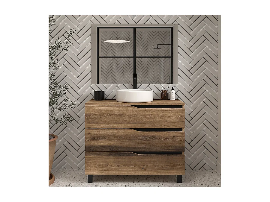 Meuble de salle de bain 80 avec plateau et vasque à poser - 3 tiroirs - tabaco (bois foncé) - MATA