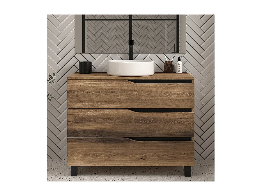 Meuble de salle de bain 80 avec plateau et vasque à poser - 3 tiroirs - tabaco (bois foncé) - MATA