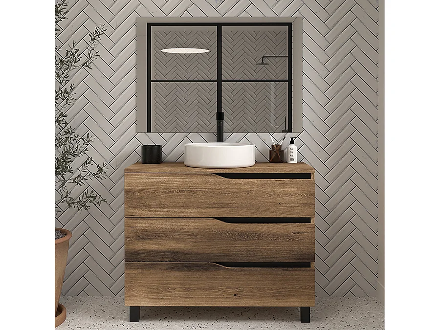 Meuble de salle de bain 80 avec plateau et vasque à poser - 3 tiroirs - tabaco (bois foncé) - MATA