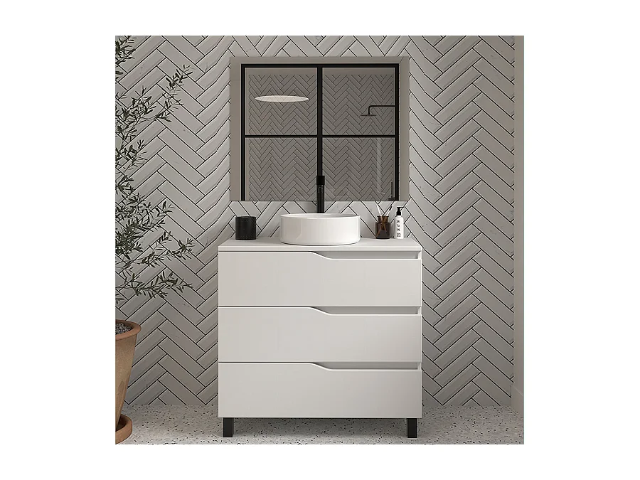 Meuble de salle de bain 90cm avec plateau et vasque à poser - 3 tiroirs - blanc - MATA