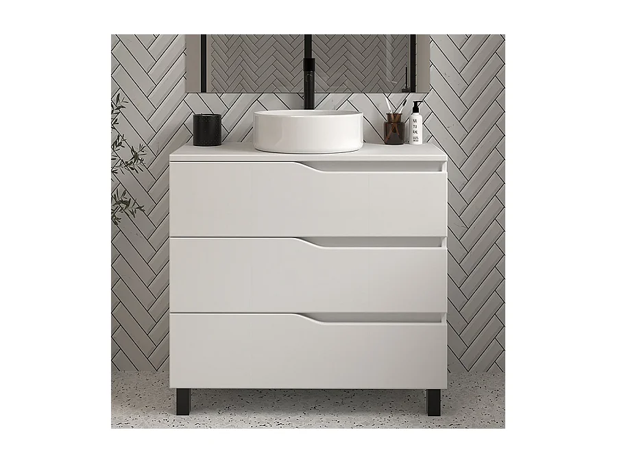 Meuble de salle de bain 90cm avec plateau et vasque à poser - 3 tiroirs - blanc - MATA