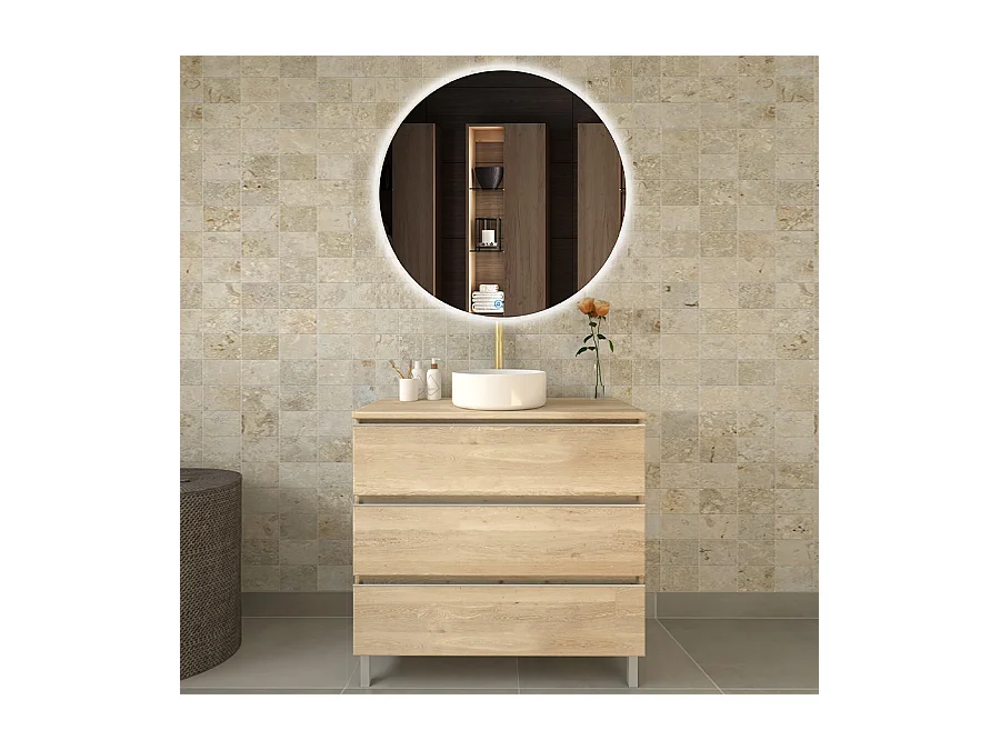 Meuble de salle de bain avec vasque à poser ronde PALMA et miroir Led SOLEN - Bambou (chêne clair) - 70cm
