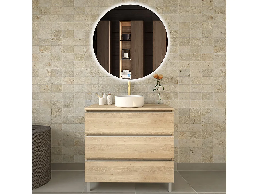Meuble de salle de bain avec vasque à poser ronde PALMA et miroir Led SOLEN - Bambou (chêne clair) - 70cm