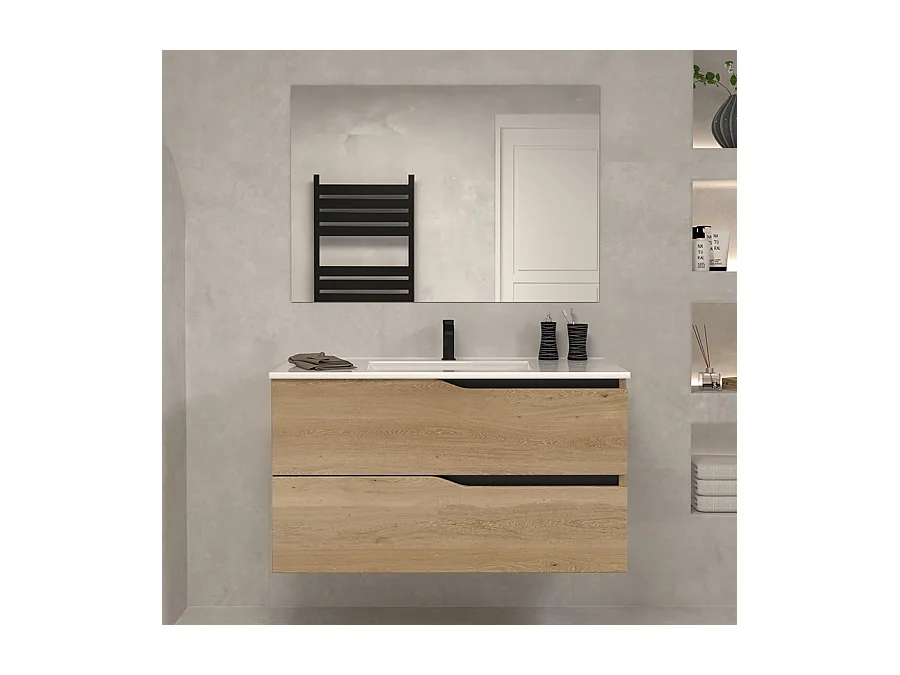 Meuble de salle de bain 100cm simple vasque - 2 tiroirs - madera miel (bois clair) - LUNA