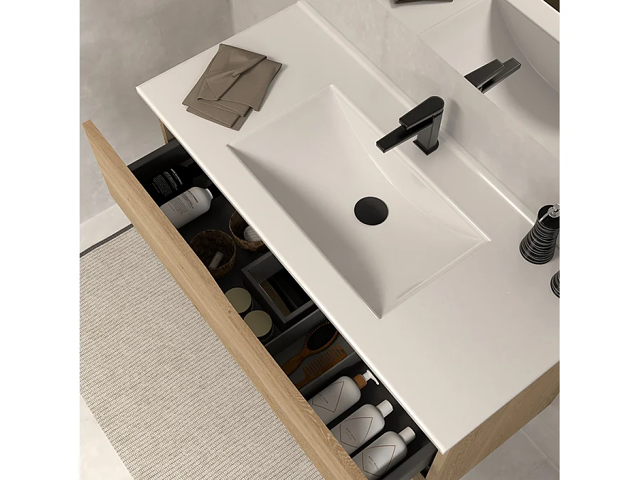 Meuble de salle de bain 100cm simple vasque - 2 tiroirs - madera miel (bois clair) - LUNA