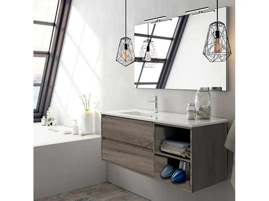 Meuble de salle de bain 120cm vasque déportée - 2 tiroirs et 2 niches - OLYMPE - britannia (chêne foncé)