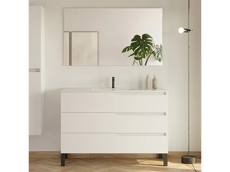 Meuble de salle de bain 120cm simple vasque - 3 tiroirs - blanc - MATA