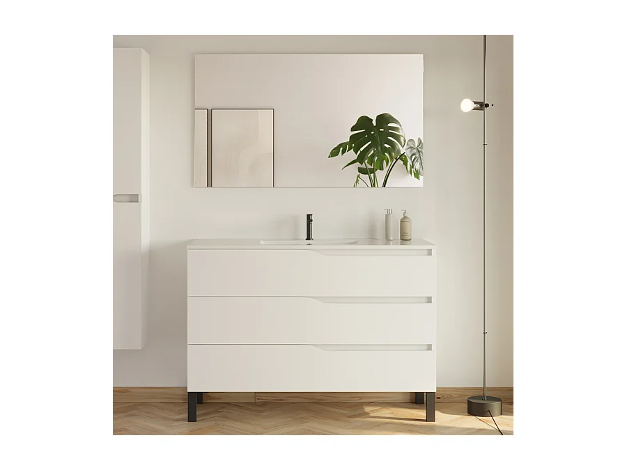 Meuble de salle de bain 120cm simple vasque - 3 tiroirs - blanc - MATA