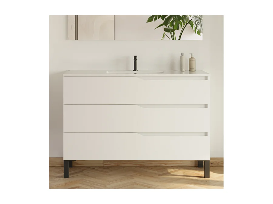 Meuble de salle de bain 120cm simple vasque - 3 tiroirs - blanc - MATA