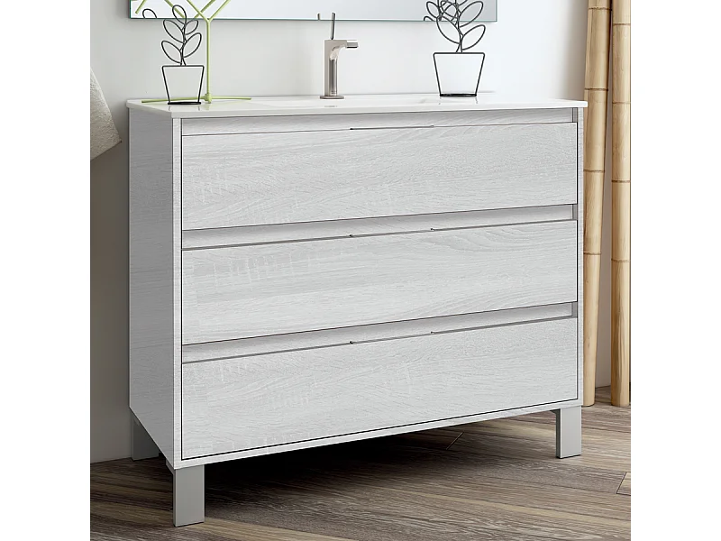 Meuble de salle de bain 100cm simple vasque - 3 tiroirs - sans miroir -  TIRIS 3C - hibernian (bois blanchi)