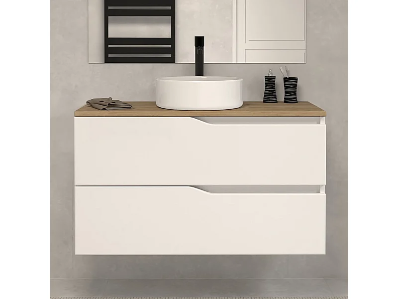 Meuble de salle de bain 100 avec plateau miel et vasque à poser - sans miroir - 2 tiroirs - blanc - LUNA