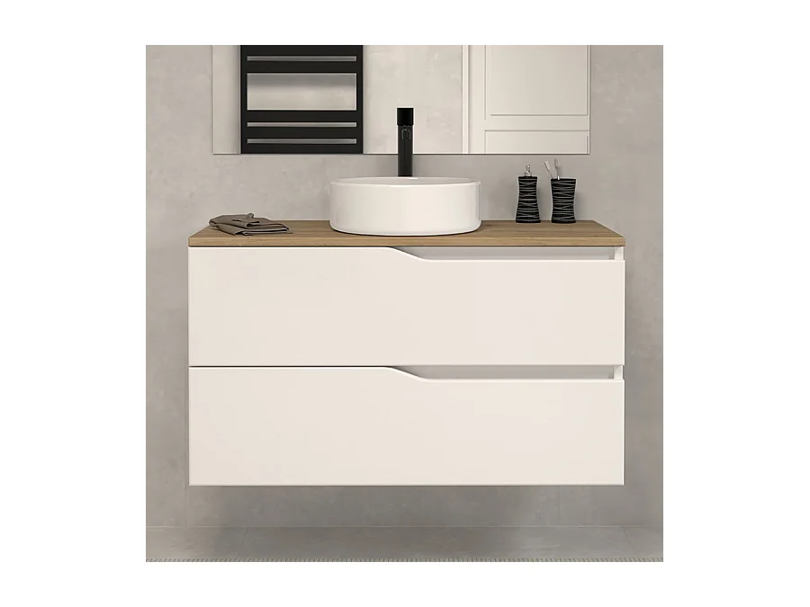 Meuble de salle de bain 100 avec plateau miel et vasque à poser - sans miroir - 2 tiroirs - blanc - LUNA