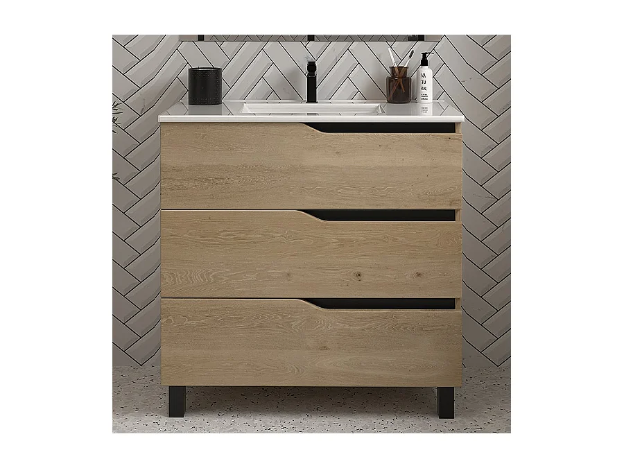 Meuble de salle de bain 60cm simple vasque - sans miroir - 3 tiroirs - madera miel (bois clair) - MATA