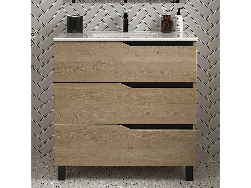 Meuble de salle de bain 60cm simple vasque - sans miroir - 3 tiroirs - madera miel (bois clair) - MATA