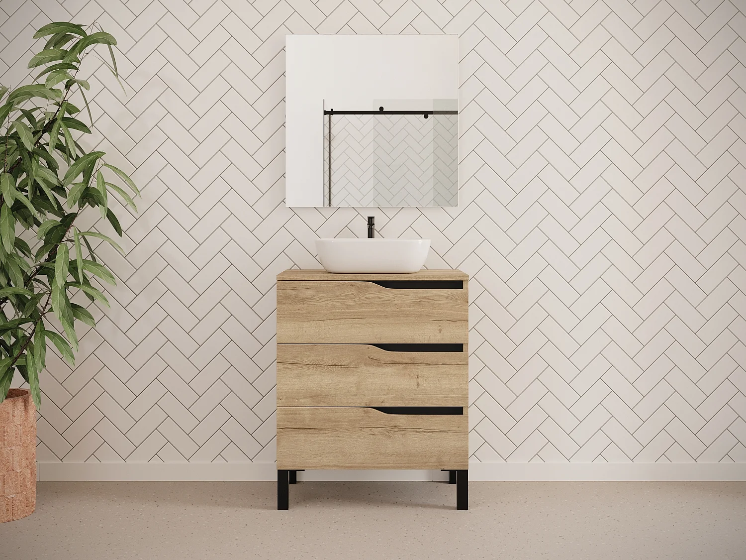 Meuble de salle de bain 80cm avec plateau et vasque à poser zeus - 3 tiroirs - sans miroir - madera miel (chêne clair) - MATA