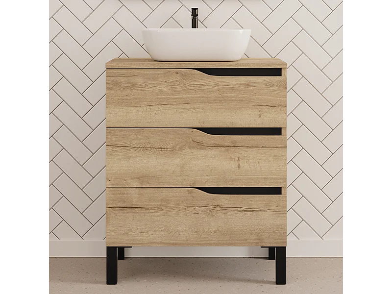 Meuble de salle de bain 80cm avec plateau et vasque à poser zeus - 3 tiroirs - sans miroir - madera miel (chêne clair) - MATA