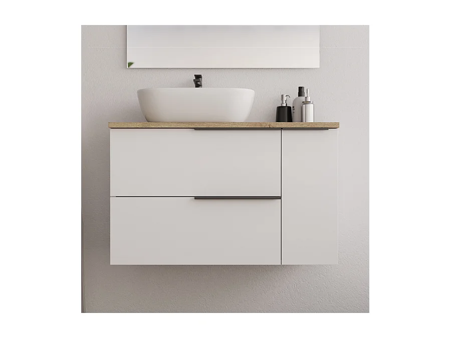 Meuble de salle de bain 80cm avec vasque à poser arrondie et miroir avec applique - blanc - KING