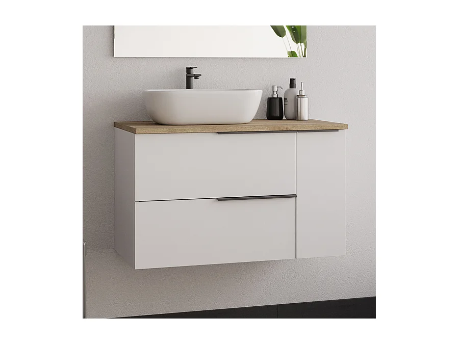 Meuble de salle de bain 80cm avec vasque à poser arrondie et miroir avec applique - blanc - KING