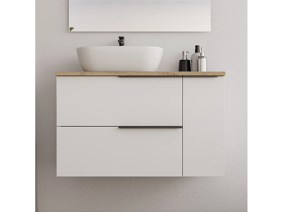 Meuble de salle de bain 80cm avec vasque à poser arrondie et miroir avec applique - blanc - KING