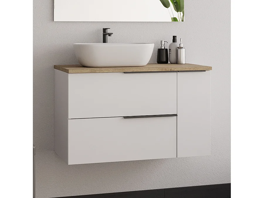 Meuble de salle de bain 80cm avec vasque à poser arrondie et miroir avec applique - blanc - KING