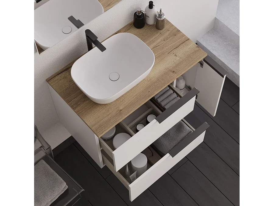 Meuble de salle de bain 80cm avec vasque à poser arrondie et miroir avec applique - blanc - KING