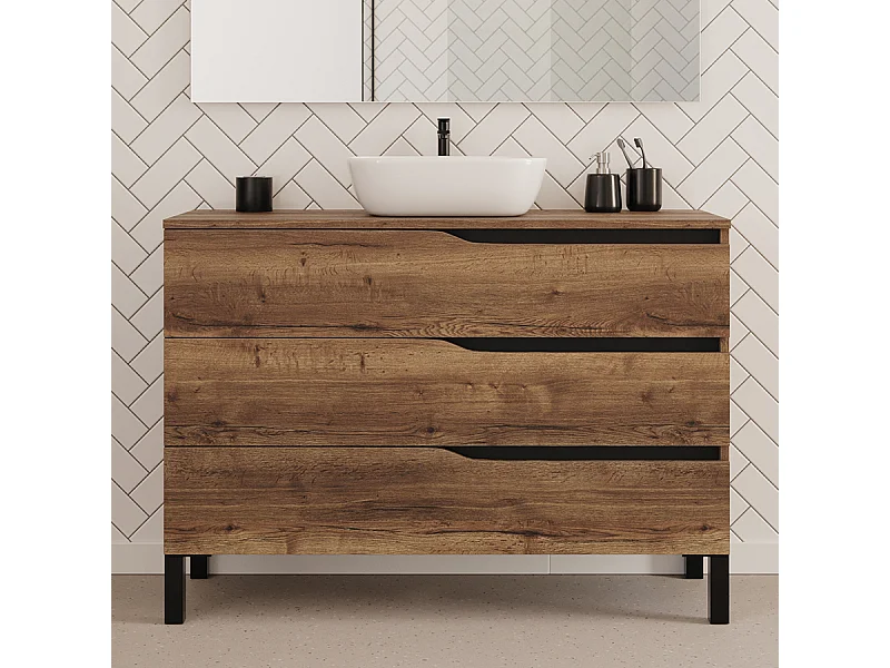 Meuble de salle de bain 120cm avec plateau et vasque à poser zeus - 3 tiroirs - sans miroir - tabaco (chêne foncé) - MATA