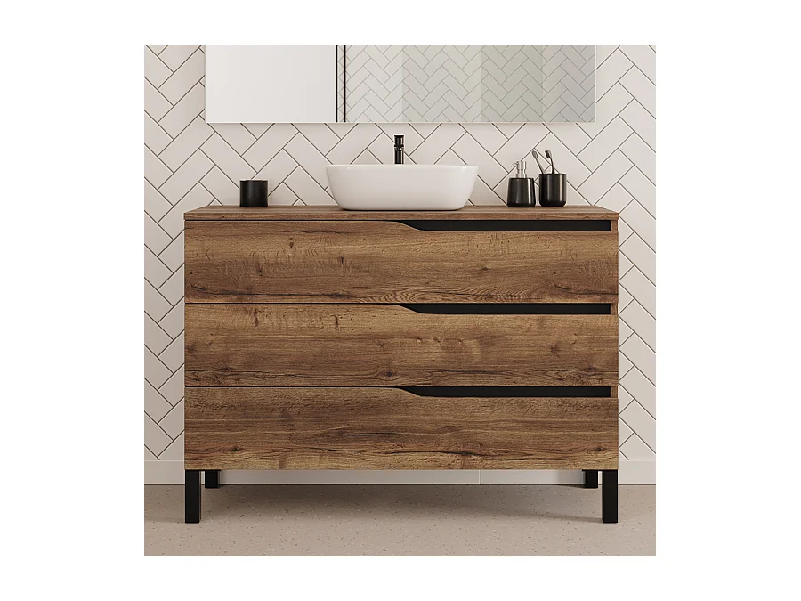 Meuble de salle de bain 120cm avec plateau et vasque à poser zeus - 3 tiroirs - sans miroir - tabaco (chêne foncé) - MATA