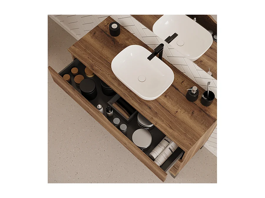 Meuble de salle de bain 120cm avec plateau et vasque à poser zeus - 3 tiroirs - sans miroir - tabaco (chêne foncé) - MATA
