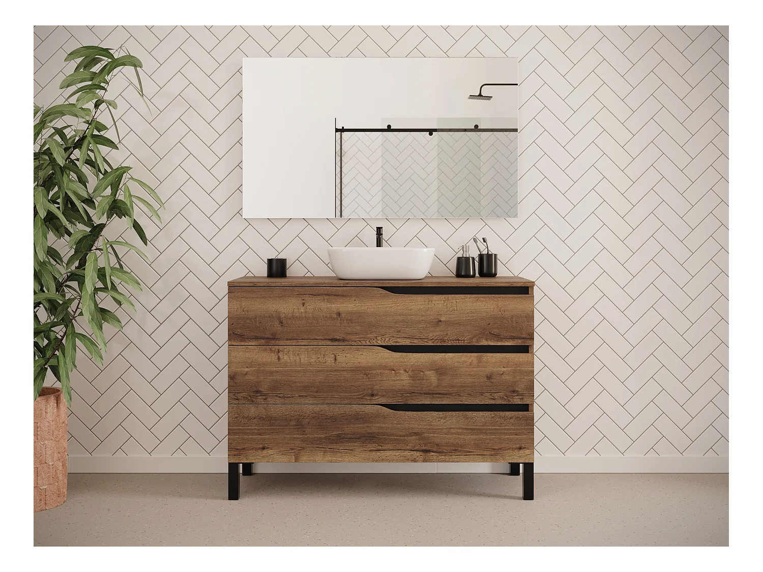 Meuble de salle de bain 120cm avec plateau et vasque à poser zeus - 3 tiroirs - sans miroir - tabaco (chêne foncé) - MATA
