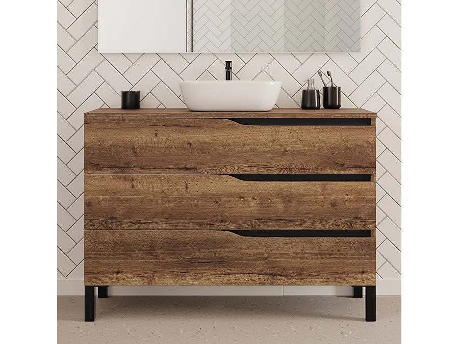 Meuble de salle de bain 120cm avec plateau et vasque à poser zeus - 3 tiroirs - sans miroir - tabaco (chêne foncé) - MATA