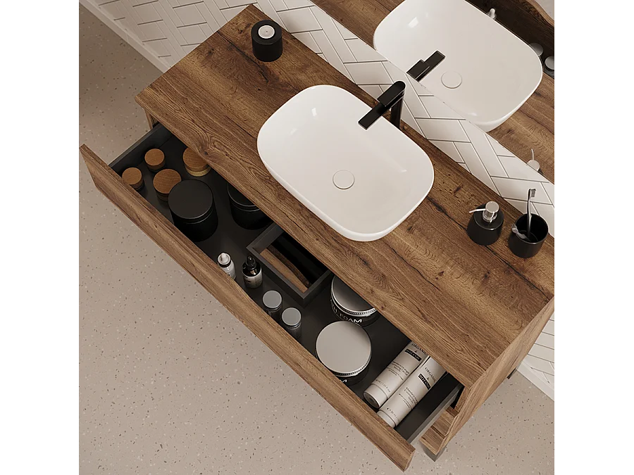 Meuble de salle de bain 120cm avec plateau et vasque à poser zeus - 3 tiroirs - sans miroir - tabaco (chêne foncé) - MATA