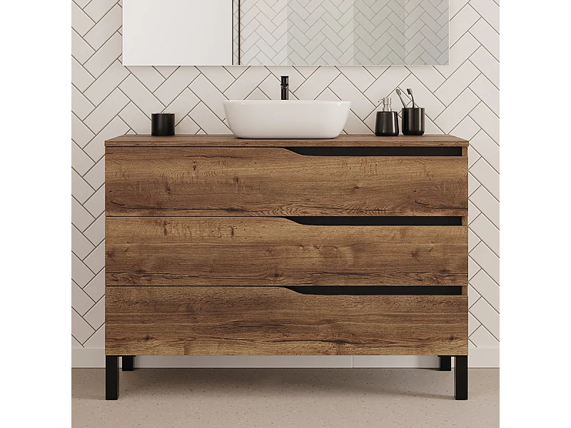 Meuble de salle de bain 120cm avec plateau et vasque à poser zeus - 3 tiroirs - sans miroir - tabaco (chêne foncé) - MATA