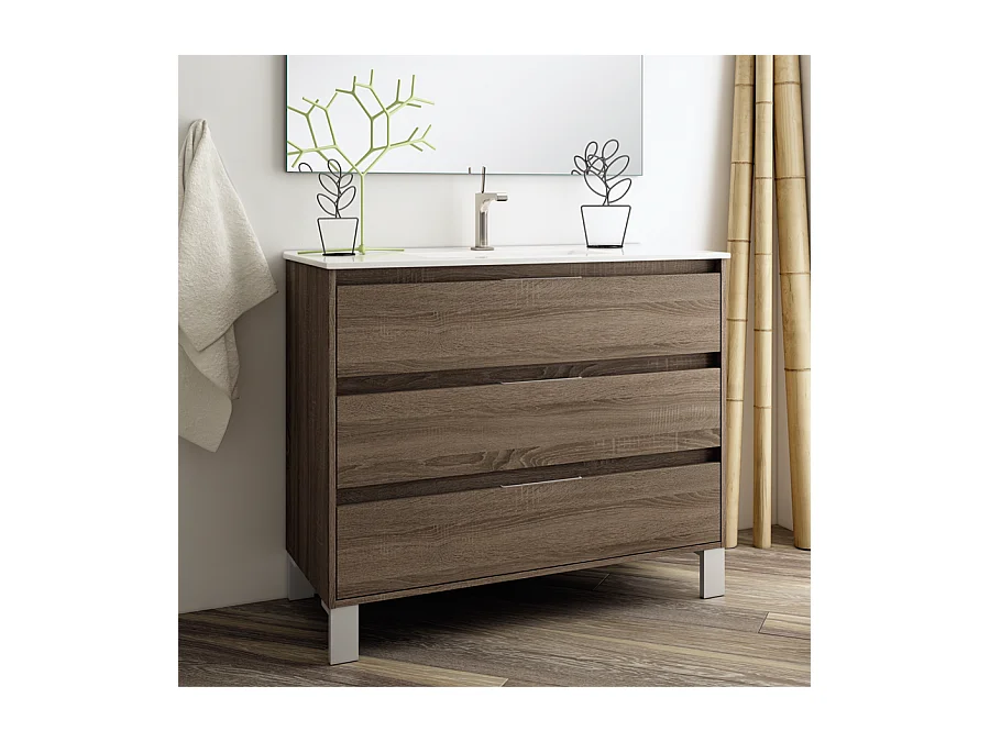 Meuble de salle de bain simple vasque - 3 tiroirs - TIRIS 3C et miroir Led VELDI - britannia (chêne foncé) - 100cm