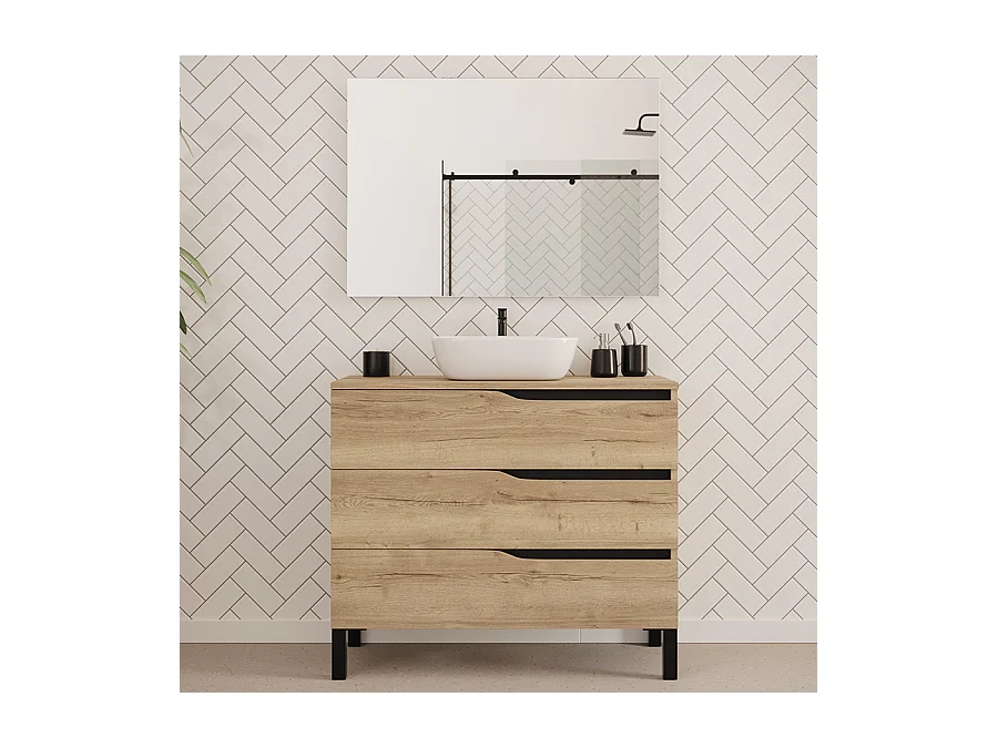 Meuble de salle de bain 100cm avec plateau et vasque à poser zeus - 3 tiroirs - madera miel (chêne clair) - MATA