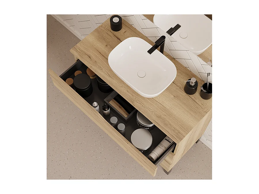 Meuble de salle de bain 100cm avec plateau et vasque à poser zeus - 3 tiroirs - madera miel (chêne clair) - MATA
