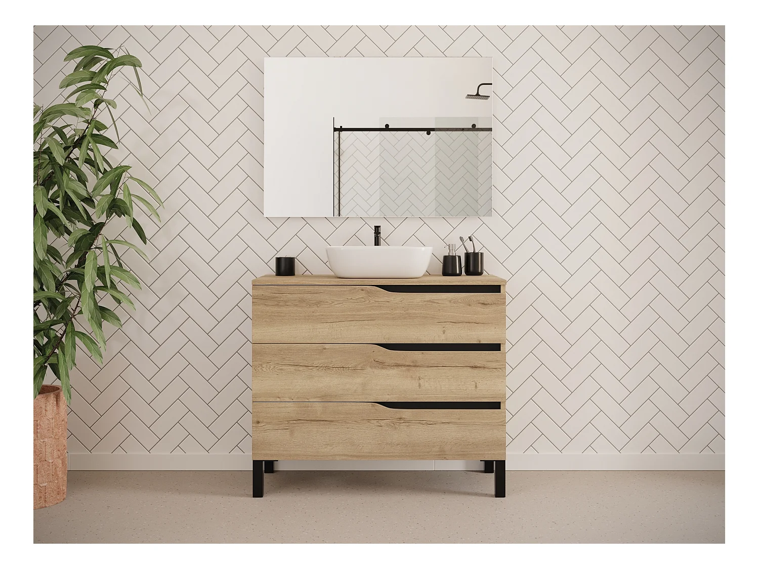 Meuble de salle de bain 100cm avec plateau et vasque à poser zeus - 3 tiroirs - madera miel (chêne clair) - MATA